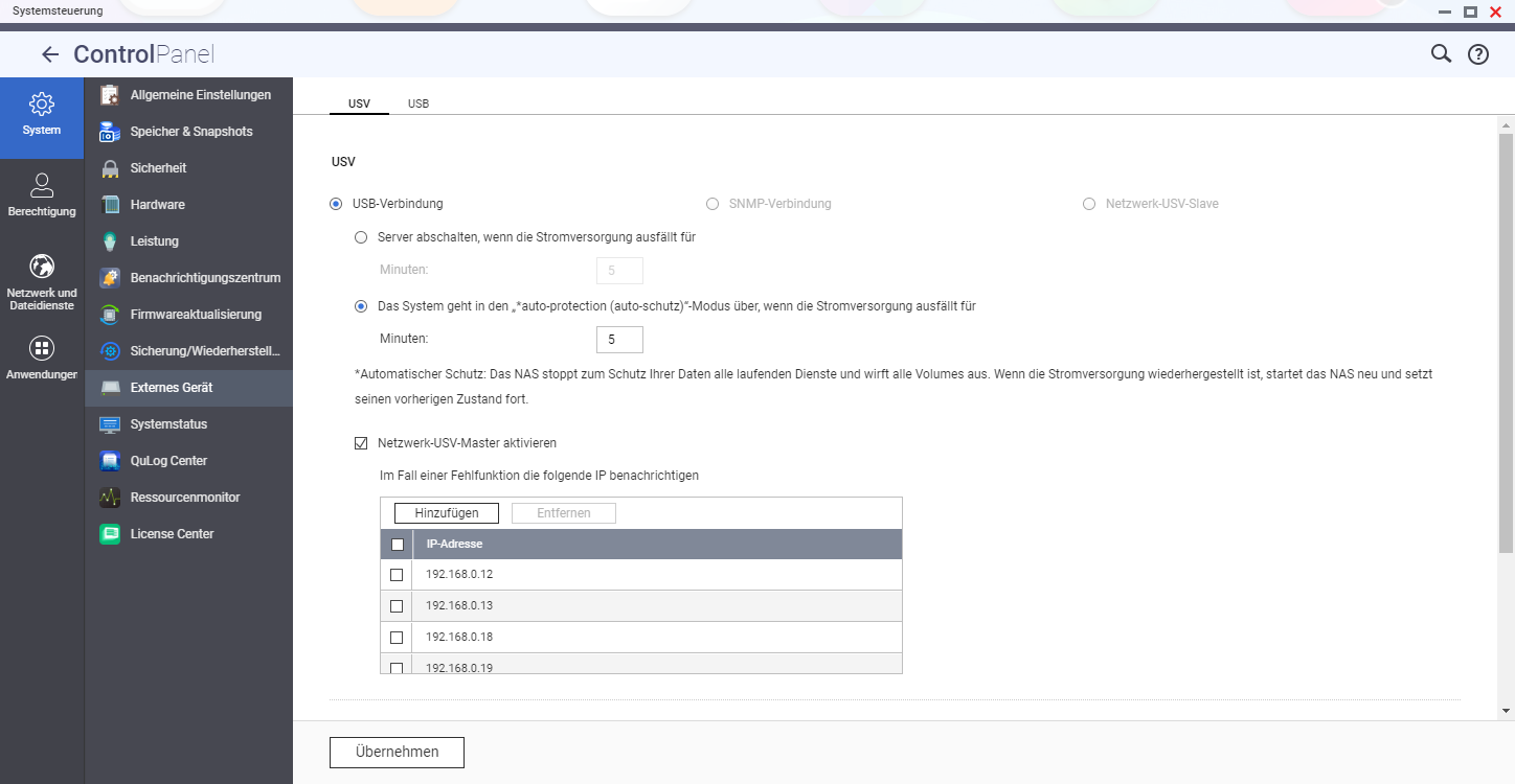 QNAP NAS - Systemsteuerung - Externe Geräte - USV